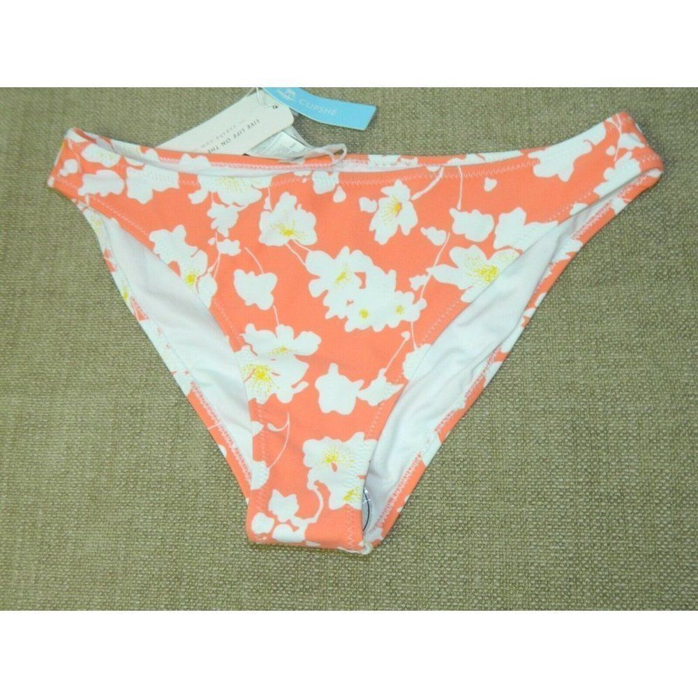 CUPSHE Bikini Bottom Tropical Flowers Orange‎ & White Size Small NWT